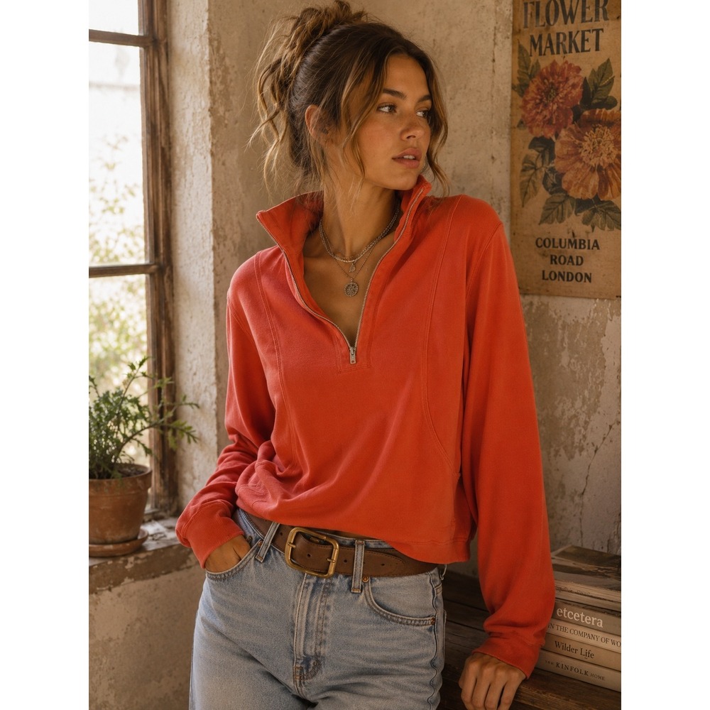 Tommy Bahama Womens Coral Orange Ribbed Quarter Zip Pullover Sweatshirt Medium